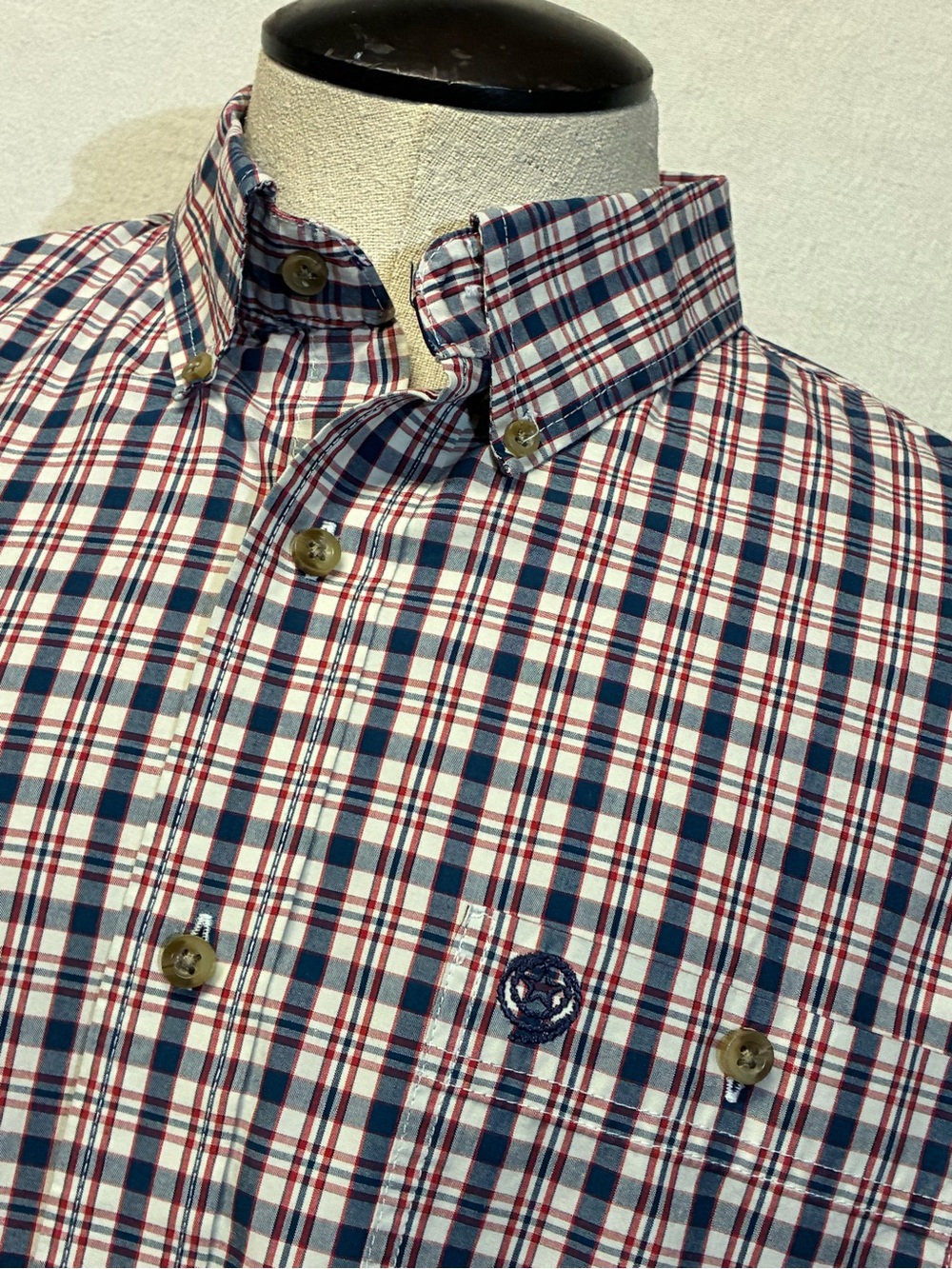 Wrangler George Strait Shirt Mens XL Short Sleeve Button Plaid Red White Blue